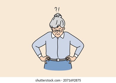 Angry old Caucasian woman teacher feel frustrated confused with school problems. Unhappy mad senior grandmother displeased dissatisfied with life. Maturity concept. Flat vector illustration. 