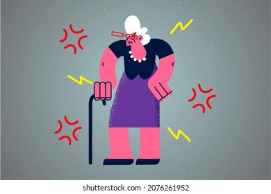 Angry old grandmother with walking cane feel dissatisfied quarrel or fight. Man unhappy senior grandparent unhappy with maturity life or casual daily problems. Elderly lifestyle. Vector illustration. 