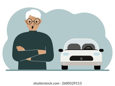 Angry old man next to a beautiful white car. Vector flat illustration