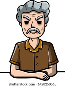 Angry Old Man Is Sitting At The Table With His Hands Folded. Sad And Grumpy Senior. Negative Emotion And Gesture Of Grandfather. Hand-drawn Sketch Cartoon Illustration