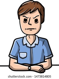 Angry old man sitting at the table with folded hands. Negative emotion and gesture of grandfather. Hand-drawn sketch cartoon illustration. Sad and grumpy guy