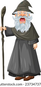 An angry old man wearing wizard clothing with a beard and mustache, holding a wizard wand