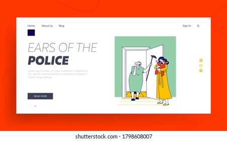 Angry Old Neighbor Landing Page Template. Female Character with Cane Yelling on Young Mother with Newborn Baby on Hands Loudly Crying. Senior Hag Complain on Noise. Linear People Vector Illustration