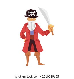Angry old pirate - isolated cartoon character in skull hat and costume holding a sword. Flat vector illustration of sailor captain man with weapon and white beard.