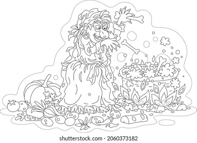 Angry old witch whispering her spells and cooking a tasty soup with bones, vegetables and spices in her large cauldron, black and white vector cartoon for a coloring book page