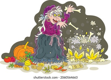 Angry old witch whispering her spells and cooking a tasty soup with bones, vegetables and spices in her large cauldron, vector cartoon illustration isolated on white