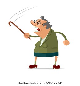 Angry old woman scolding someone, waving her cane