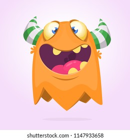 Angry orange cartoon monster with horns. Big collection of cute monsters. Halloween character. Vector illustrations. Good for book illustration, magazine prints or journal article