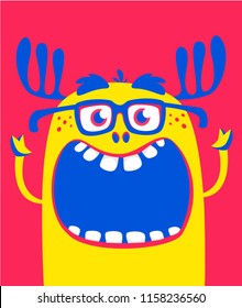 Angry orange cartoon monster with horns. Big collection of cute monsters. Halloween character. Vector illustrations. Good for book illustration, magazine prints or journal article