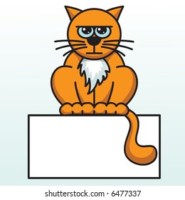 Angry orange cat sitting on a blank sign, vector