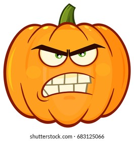 Angry Orange Pumpkin Vegetables Cartoon Emoji Face Character With Grumpy Expression. Vector Illustration Isolated On White Background