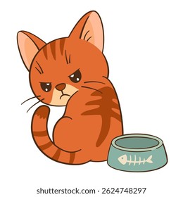 Angry orange tabby cat sits by an empty bowl. Kitten looks over his shoulder. Flat style clean, simple design. For children’s content, greeting cards, stickers, tshirts, mug and posters illustration.