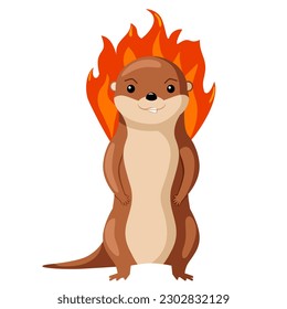 Angry otter with a fire animal character. Emotion of anger. Cute cartoon character in bad mood. Design of funny animals sticker for showing emotion. Vector illustration