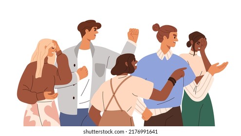 Angry outraged people blaming, complaining, criticizing. Group of indignant men and women expressing anger, disapproval, negative emotions. Flat vector illustration isolated on white background