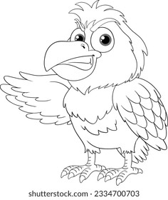 Un búho furioso parado con una ala abierta, aislado en un fondo blanco en un estilo de ilustración de un vector