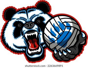 angry panda bear mascot holding volleyball for school, college or league sports