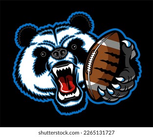 angry panda bear mascot holding football for school, college or league sports