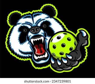 angry panda bear mascot holding pickleball for school, college or league sports