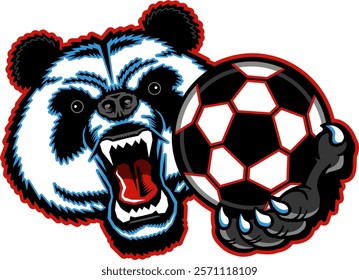 angry panda bear mascot holding soccer ball for school, college or league sports