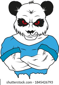 Oso panda enojado , panda fuerte con ojos rojos, cuerpo muscular con camiseta azul