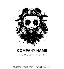 Angry panda with gas mask head with gas mask logo black and white hand drawn illustration