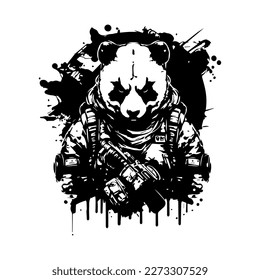 Angry panda head with gas mask logo black and white hand drawn illustration