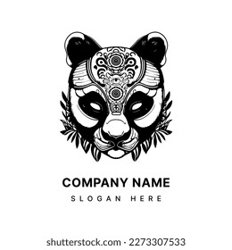 Angry panda head with gas mask logo black and white hand drawn illustration