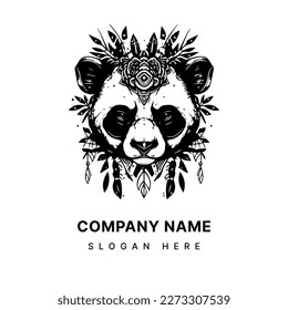 Angry panda head with gas mask logo black and white hand drawn illustration