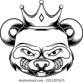 angry panda head with king crown illustration