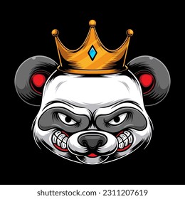 angry panda head with king crown illustration