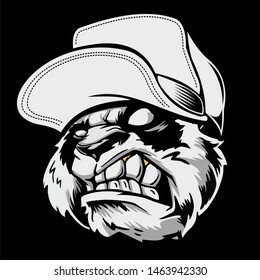 angry panda head wearing a hat.vector hand drawing,Shirt designs, biker, disk jockey, gentleman, barber and many others.isolated and easy to edit. Vector Illustration