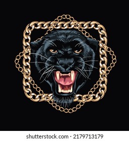 angry panther in gold chrome lace frame on black background vector illustration