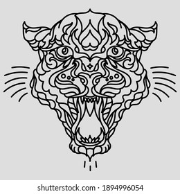 Angry panther head. Line vector hand-drawn illustration.