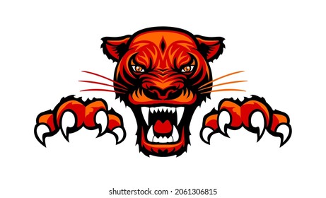 Angry Panther head and paws with claws. Vector logo template on transparent background