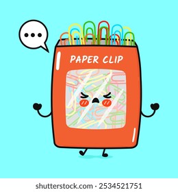 Angry Paper clip character. Vector hand drawn cartoon kawaii character illustration icon. Isolated on blue background. Sad Paper clip character concept