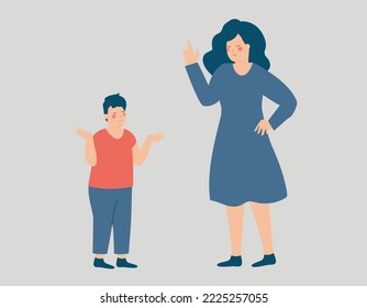 Angry parent having conflict with his boy. Furious mother screaming and yelling at his son. Mom punishing his child due to a bad behavior. Positive parenting and discipline concept