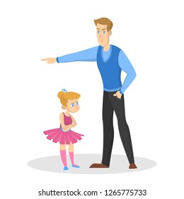 Angry parent screaming at young child. Conflict in the family. Furious father in anger. Punishment from parent. Vector illustration in cartoon style