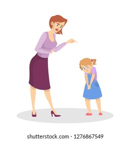 Angry parent screaming at young child. Conflict in the family. Furious mother in anger. Punishment from parent. Vector illustration in cartoon style