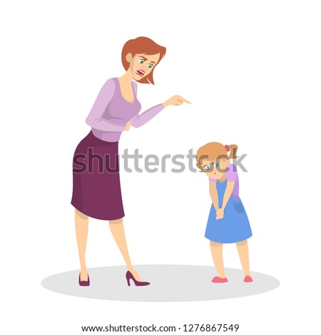 Angry parent screaming at young child. Conflict in the family. Furious mother in anger. Punishment from parent. Vector illustration in cartoon style