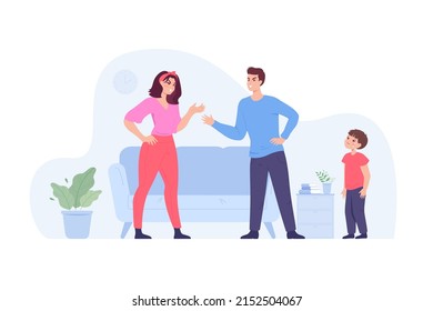 Angry parents arguing in front of crying child. Abusive relationship between wife and husband flat vector illustration. Unhappy family, conflict concept for banner, website design or landing web page