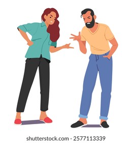 Angry parents cartoon characters yelling and screaming vector illustration. Furious woman and man scolding, arguing caught up in quarrel vector illustration. Family conflict and relationships crisis