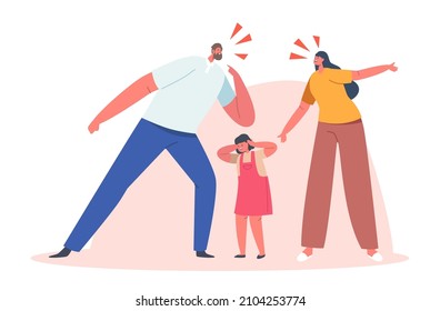 Angry Parents Figure Out Relations, Frightened Child Cover Ears Stand between them. Mother and Father Characters Yell, Family Problem, Conflict, Domestic Abuse. Cartoon People Vector Illustration