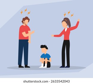 Angry parents pointing at a sad and withdrawn child sitting on the floor between them vector illustration