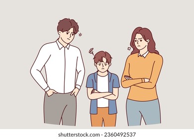 Angry parents and punished child, for concept parenting problems and lack of family understanding. Punished boy offended by parents due to overprotection or house arrest after bad grades at school