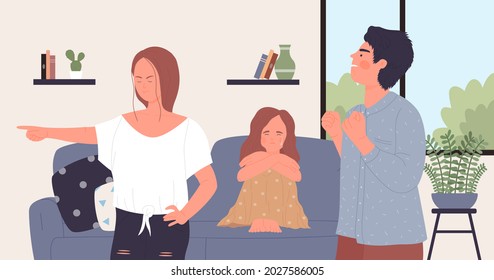 Angry parents quarrel, domestic conflict in family vector illustration. Cartoon mother character quarreling with father, daughter sitting on home couch with crying face, bad relationship background