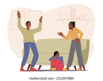 Angry Parents Scold Each Other with Little Son Cover Ears Sitting on Floor. Mother and Father Characters Yelling and Little Boy Sit between them, Family Conflict. Cartoon People Vector Illustration