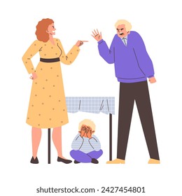 Angry parents swear and shout at each other while their son hides under the table. Scared little boy victim flat vector illustration. Unhappy family relationship, conflict or divorce concept