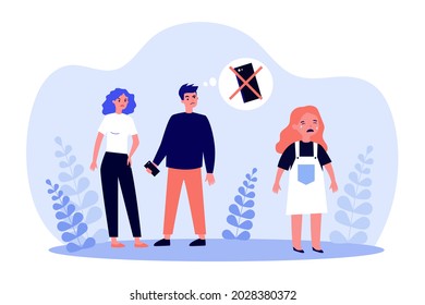 Angry parents taking phone from crying daughter as punishment. Dad not letting sad girl use smartphone flat vector illustration. Parenting, gadget addiction, discipline concept for website design