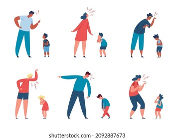 Angry Parents Yelling At Kids, Bad Parenting, Family Problems. Frustrated Mother Shouting At Scared Child, Father Scolding Son Vector Set. Family Abuse, Adults Punishing Frightened Children