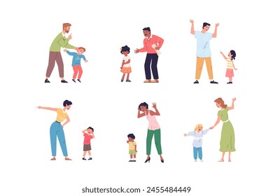 Angry parents. Yelling mother shouting father scold adolescent child after school, anxiety parent scared kids parental bullying problems family conflict, classy vector illustration relationship